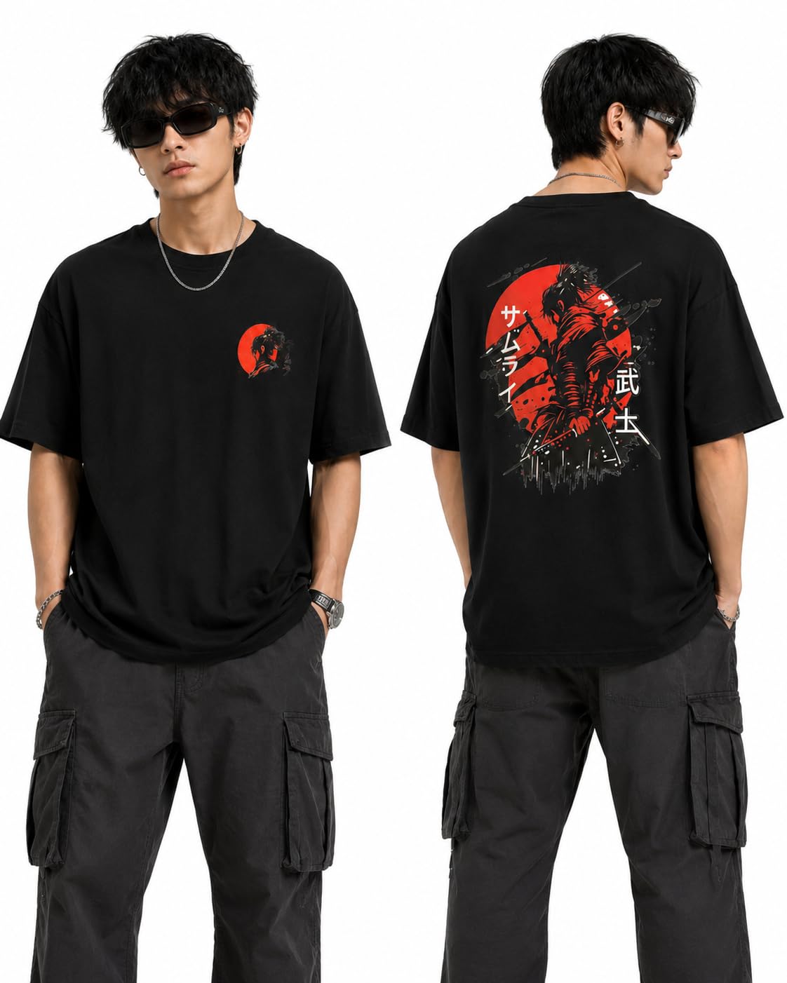 Samurai Graphic Oversized T-Shirt, Black, 100% Cotton, Unisex